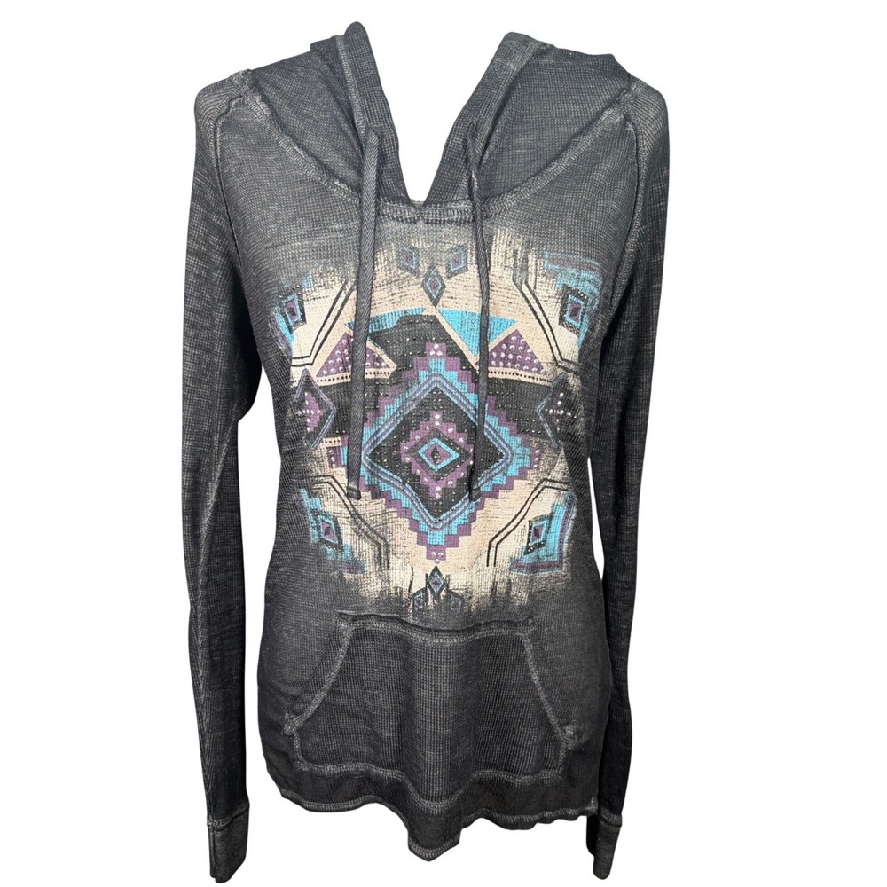 Rock and Roll Cowgirl Womens Charcoal Thermal Southwestern Rhinestone Hoodie M